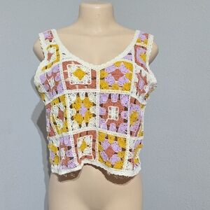 Rebellion Crochet Patchwork Crop Top in Pink, Yellow & Cream Size L